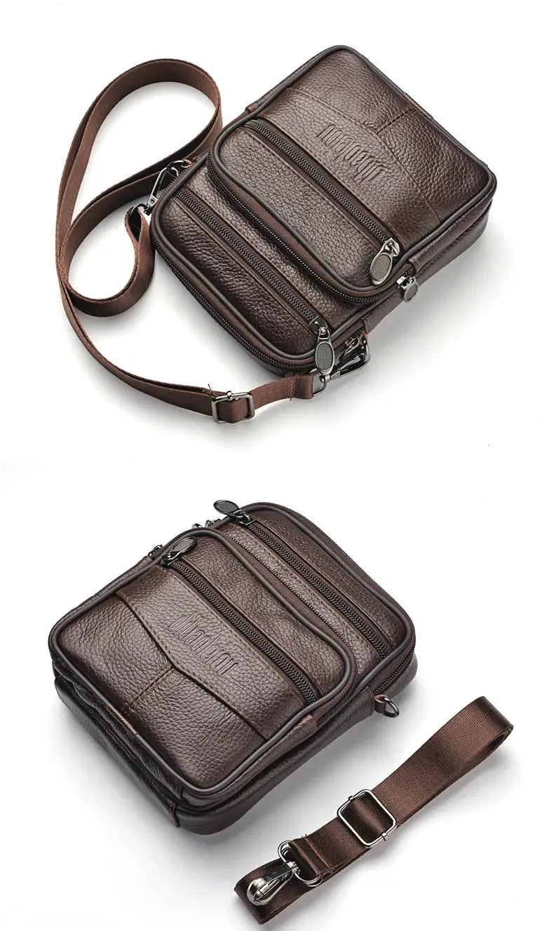 Men's genuine leather crossbody bag, brown with multiple zipper pockets, Simples Market