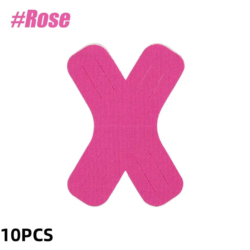 Kinesiology tape X-shaped patches, 10pcs pink elastic waterproof strips for knee, shoulder, and elbow.