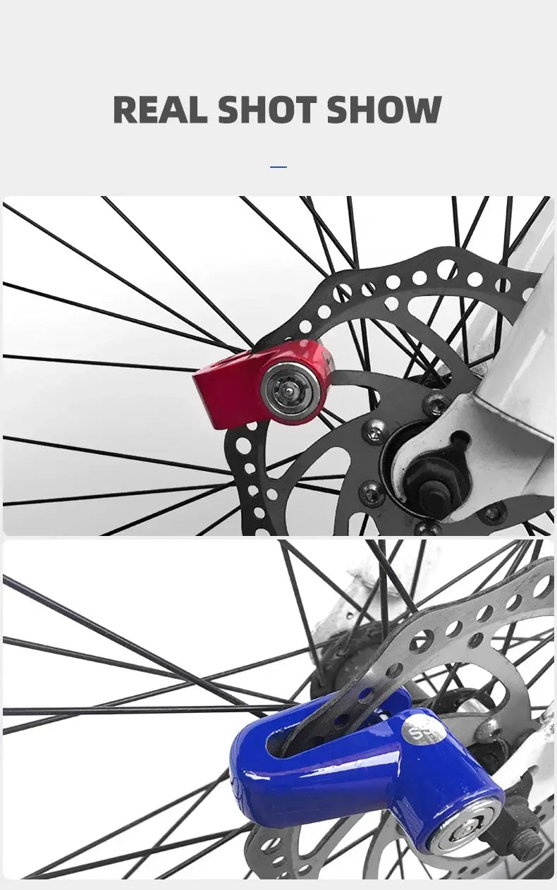 Two disc brake locks, red and blue, shown on a bike rotor for anti-theft security