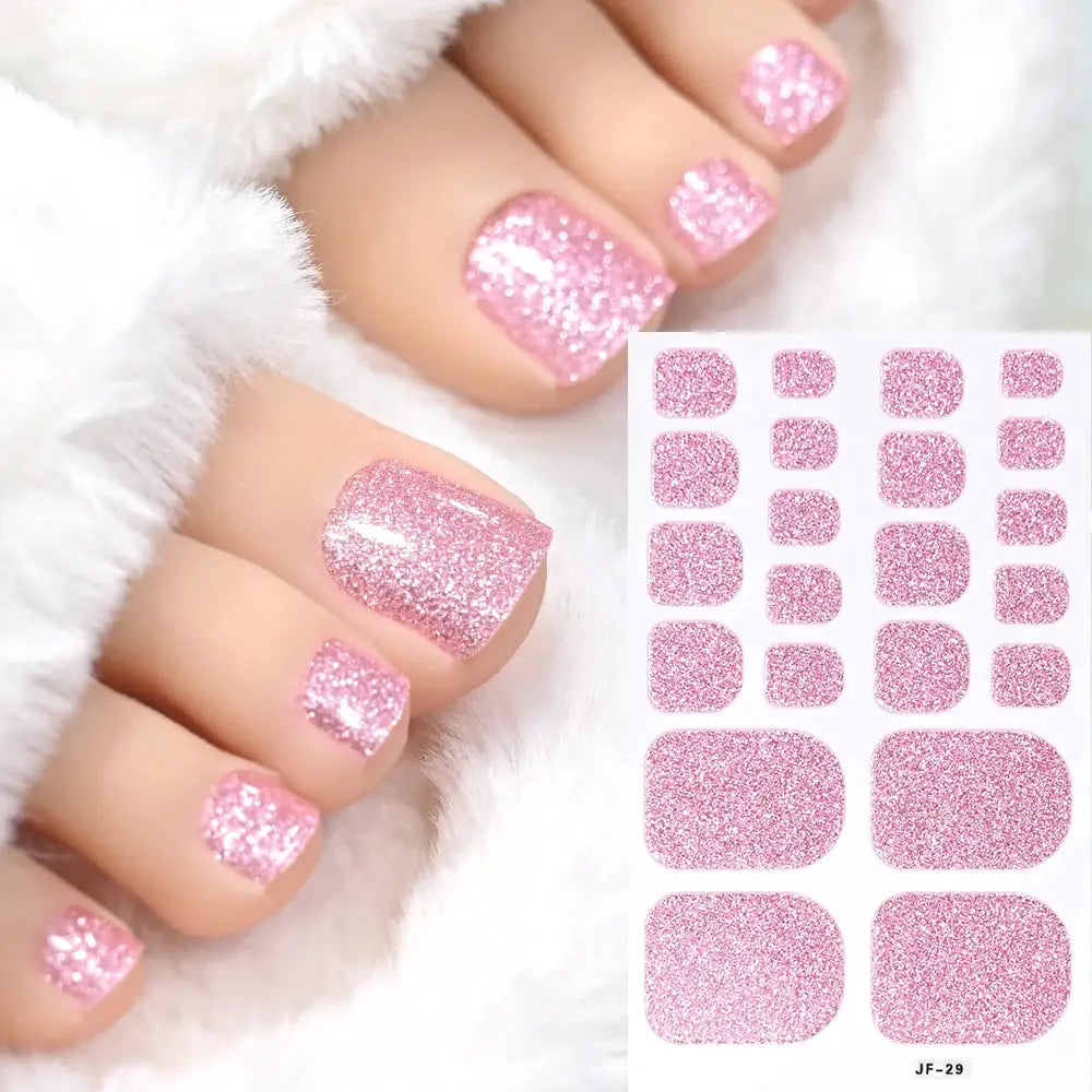 22tips Baking Free Toe Nail Sticker Wraps, pink glitter full-coverage DIY toenail decals