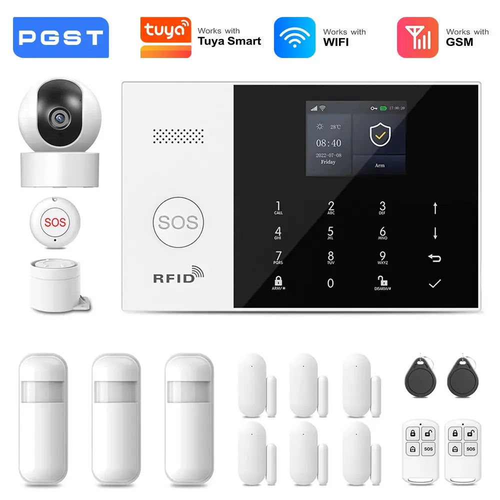 PGST white WiFi 2G GSM home security alarm system kit with RFID touchscreen panel and camera