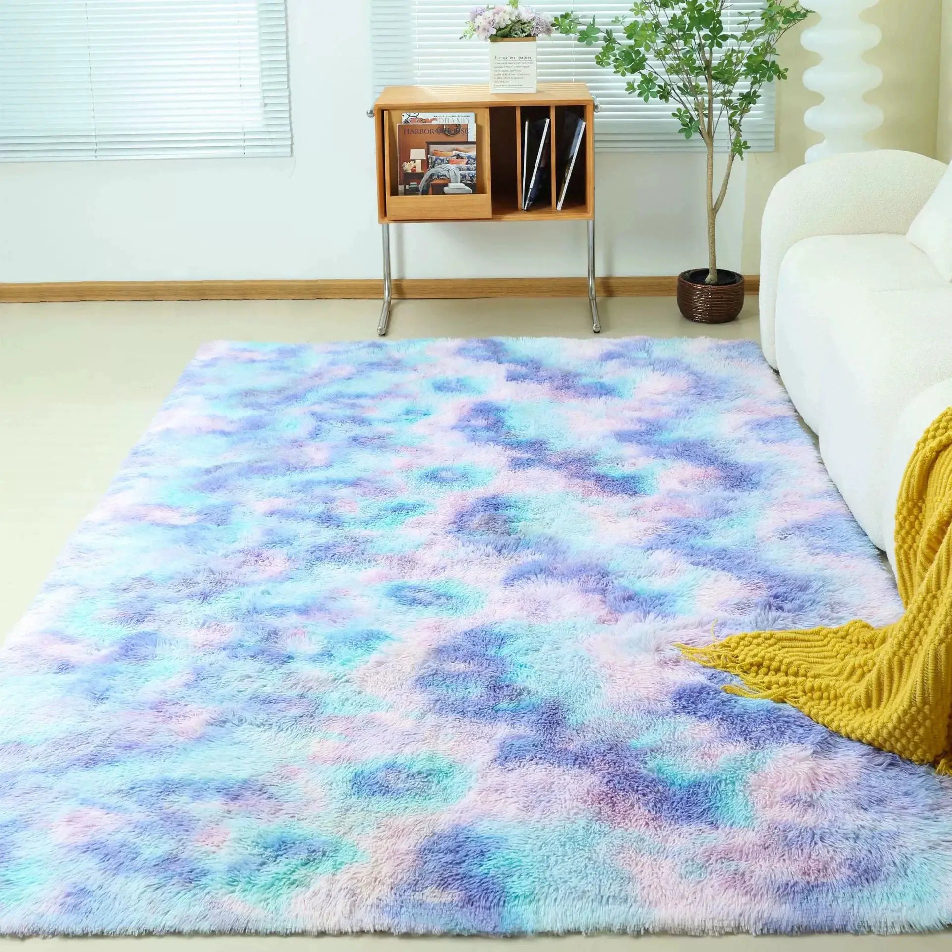 Premium fluffy area rug pastel multicolor shag, ultra-soft for living room