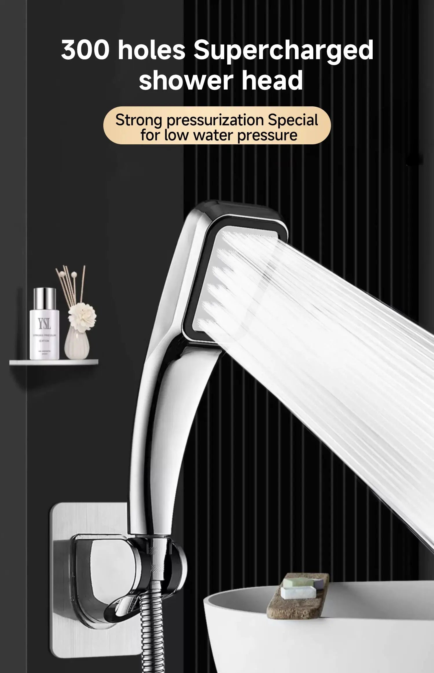 Square handheld chrome shower head with 300 holes, Simples Market, rainfall spray, water-saving bathroom accessory