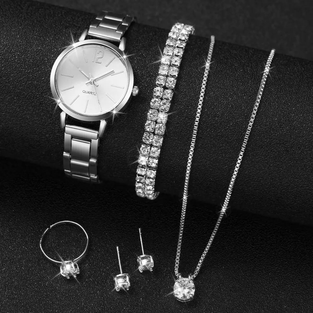 6-piece women's quartz watch set with silver-tone stainless-steel band and crystal jewelry
