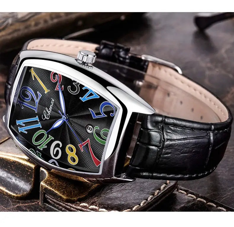 CHENXI men's watch with curved glass, date display, colorful numerals, black leather strap