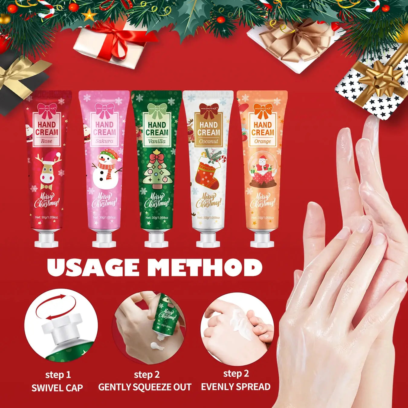 Simples Market hand cream gift set, 5 travel-size 30g tubes in red, pink, green, white and orange