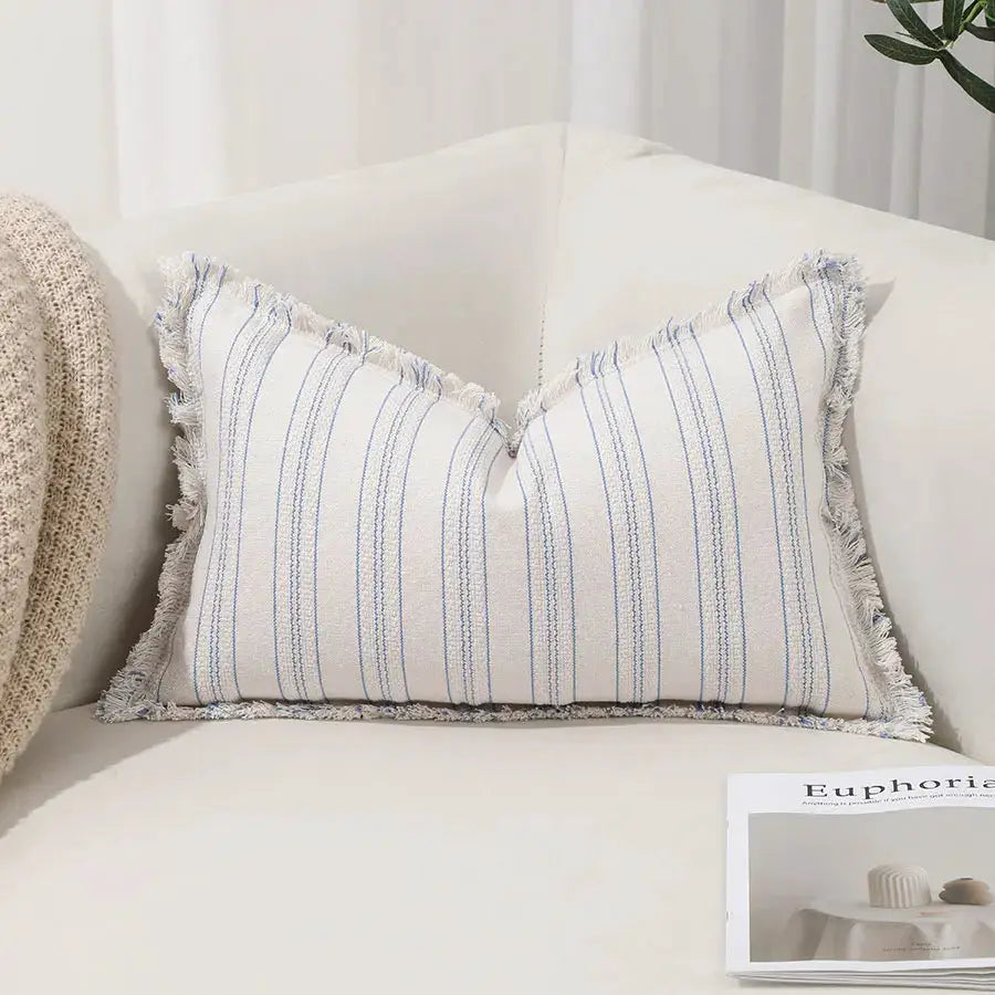 Pillow cover Summer Boho 30x50 by Simples Market; white with blue stripes and fringed edges for living room decor.