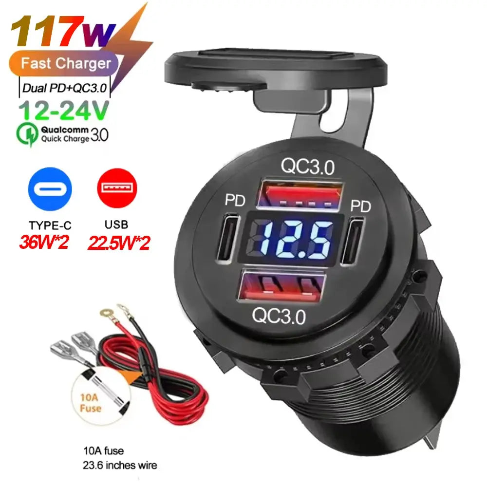 117W Dual PD USB Car Charger With Dual QC 3.0 Ports Voltmeter Waterproof 12V 24V Power Outlet For Car Boat