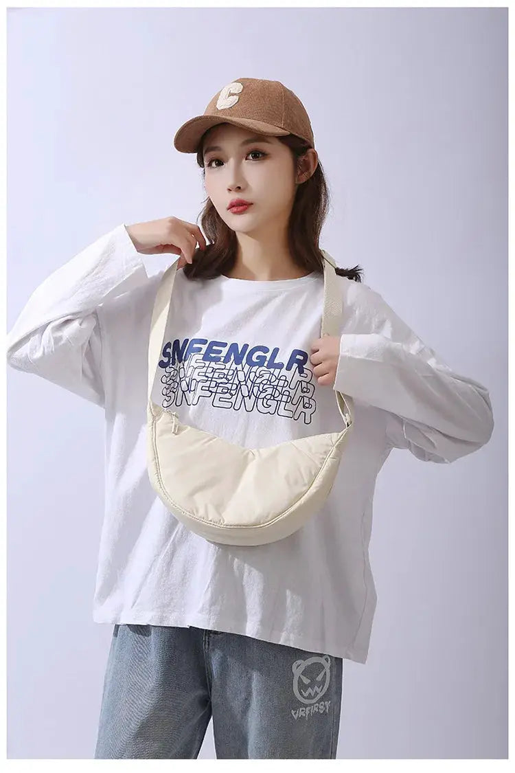 Solid color beige nylon padded crossbody shoulder bag for women