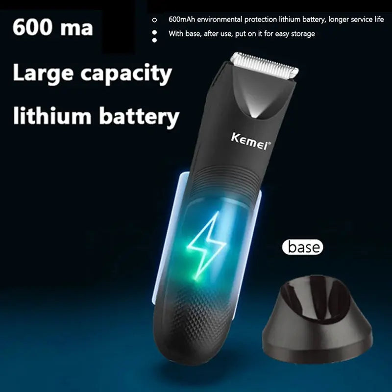 Kemei KM-1838 groin area hair trimmer, black waterproof cordless body hair clipper with base