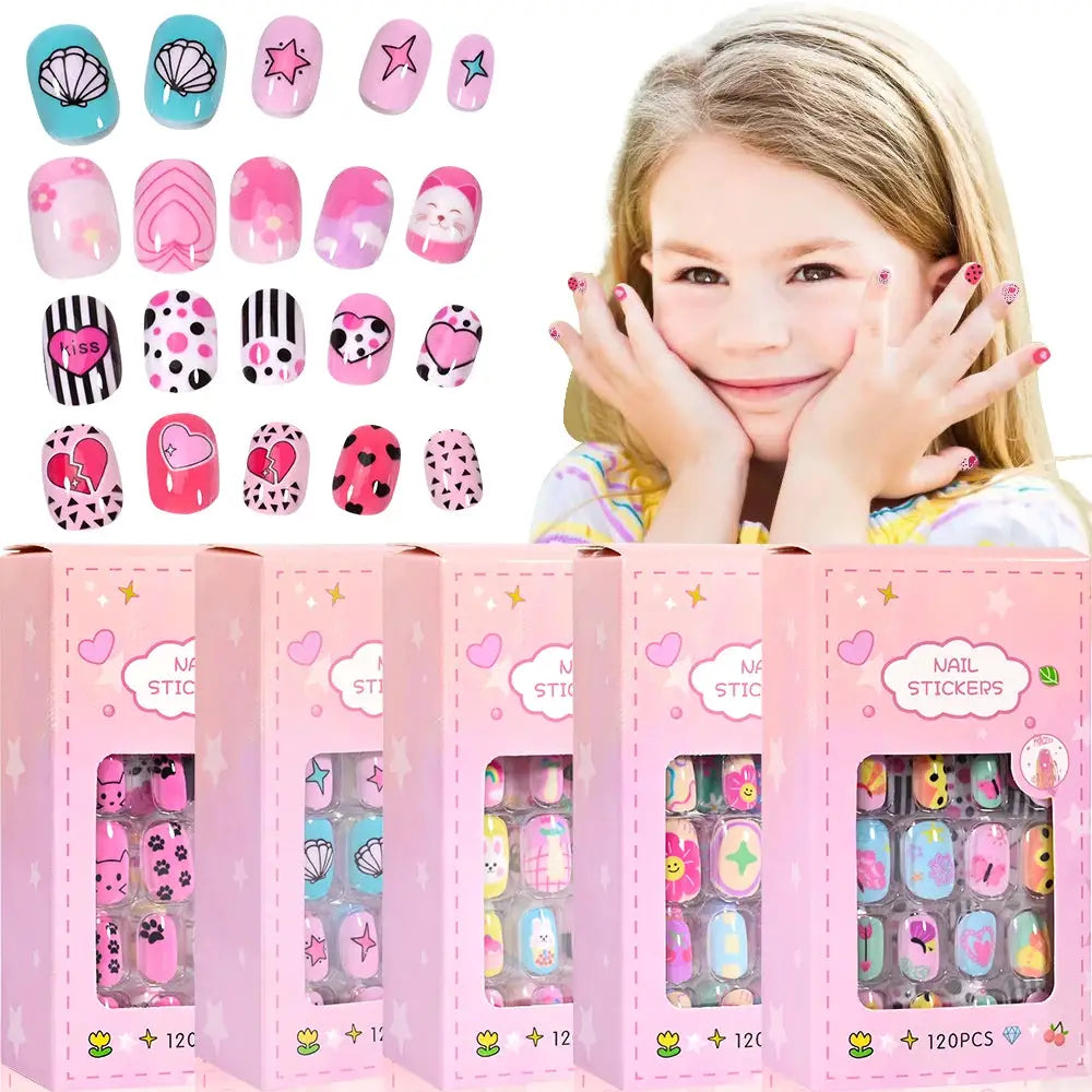 KawaiiKidz Kids Cartoon Press On Nails Acrylic Full Cover Short False Nails Safe Easy To Apply Jelly Glue 120Pcs