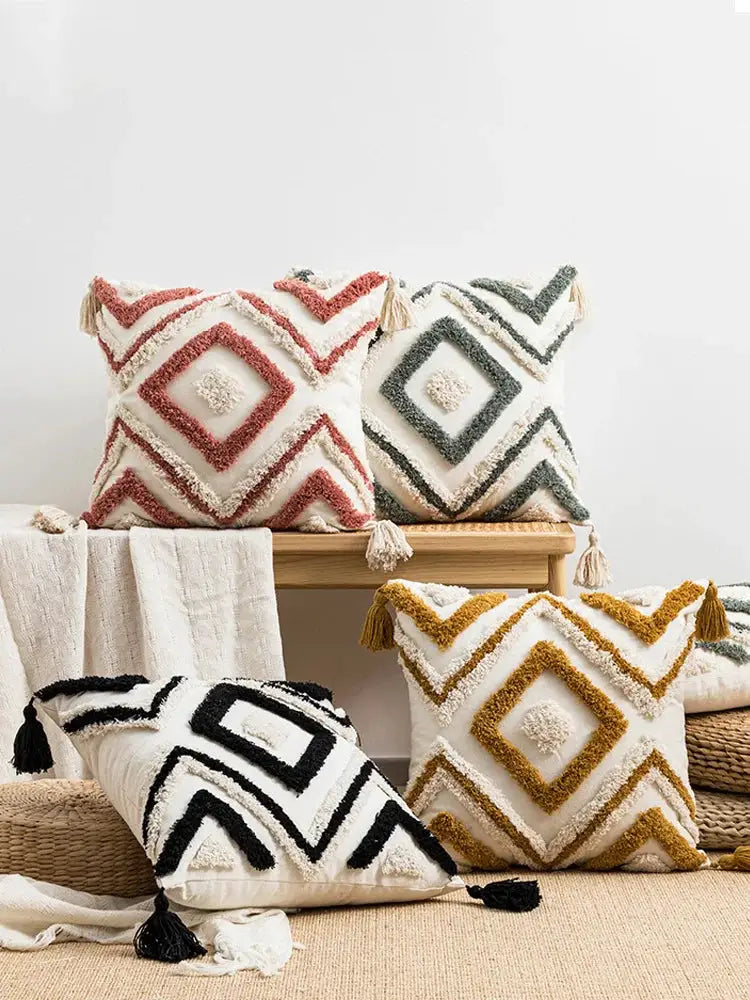 Pillow cover set by Simples Market, tufted diamond pattern with tassels in green, pink, black and orange (4-piece)