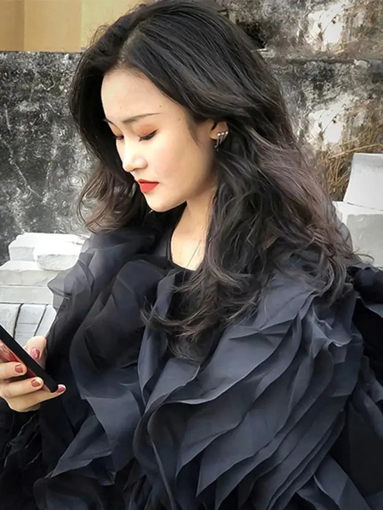 Twotwinstyle Elegant Patchwork Ruffles Chiffon Blouse O Neck Lantern