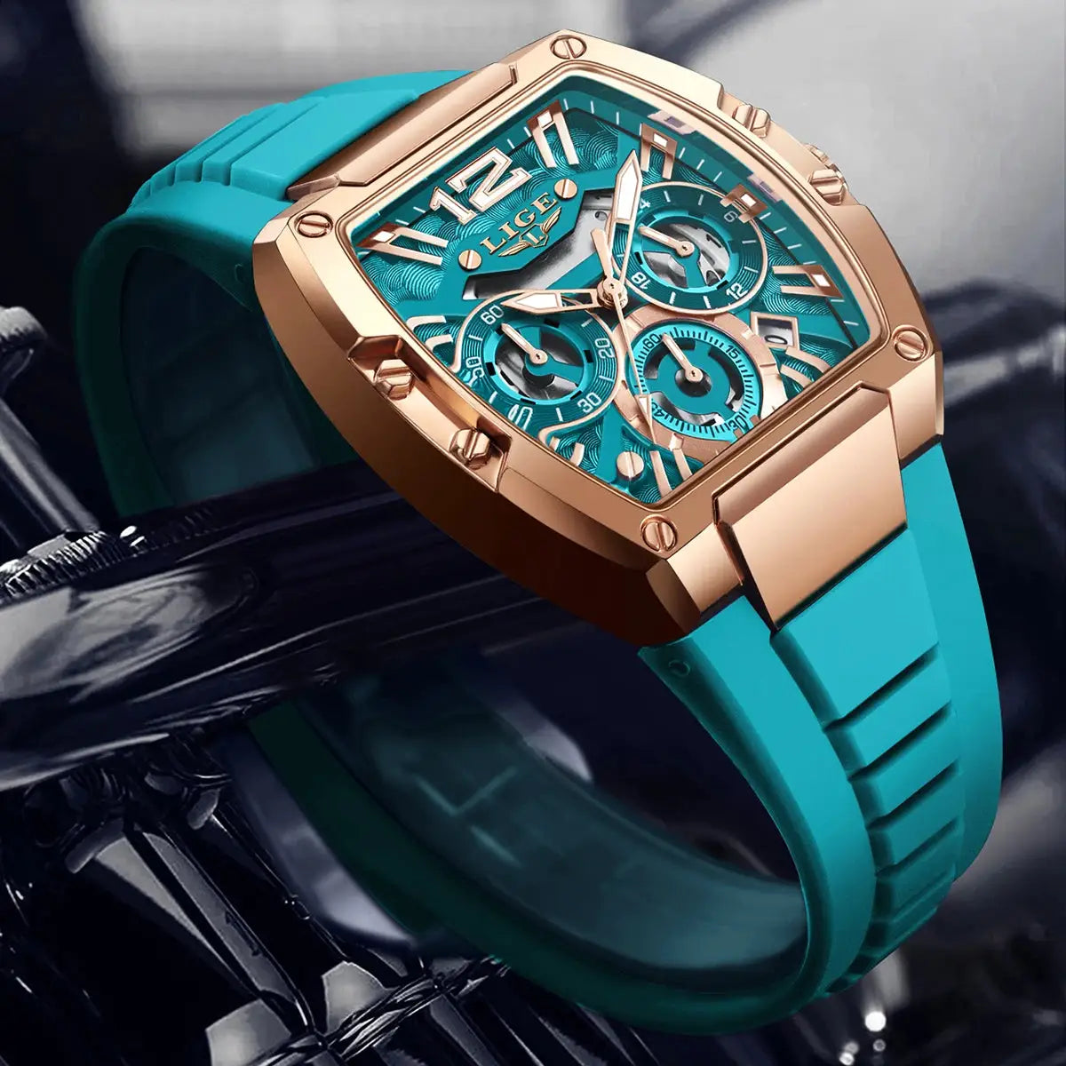 LIGE men's fashion watch with turquoise silicone strap and rose-gold case, chronograph subdials
