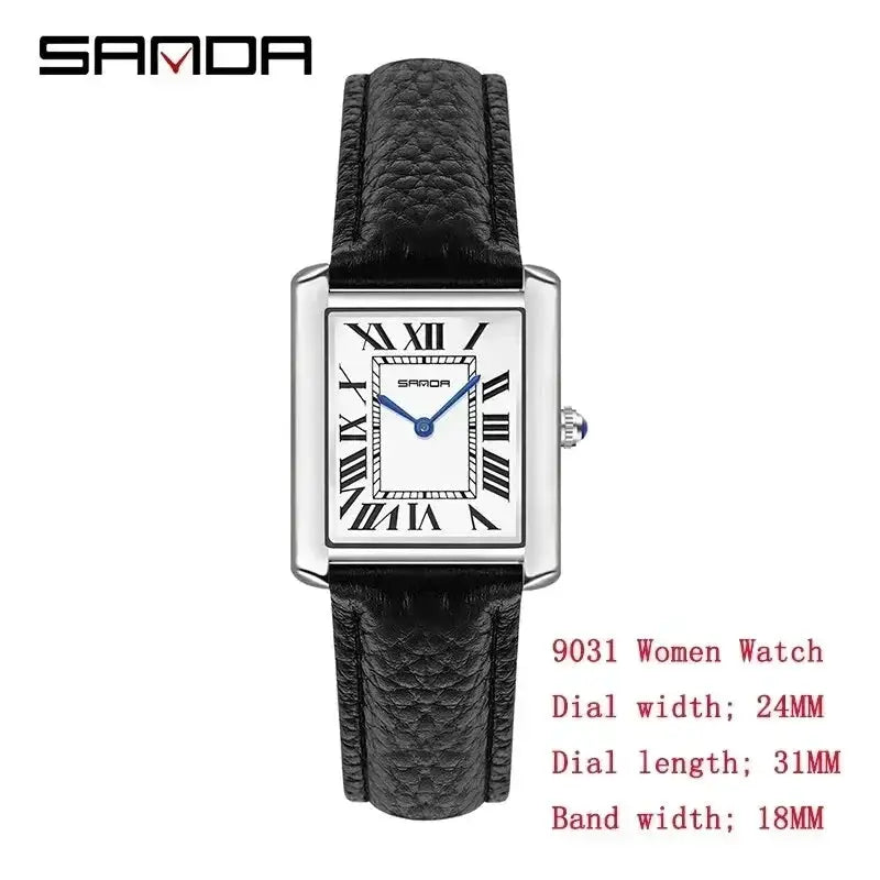 SANDA 9031 rectangular women's watch with Roman numerals, blue hands, stainless steel case and black leather strap