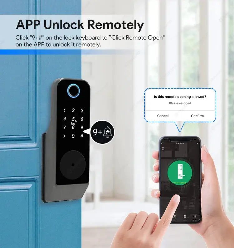 Fingerprint smart door lock with black touchscreen keypad and blue ring, paired with a smartphone app.
