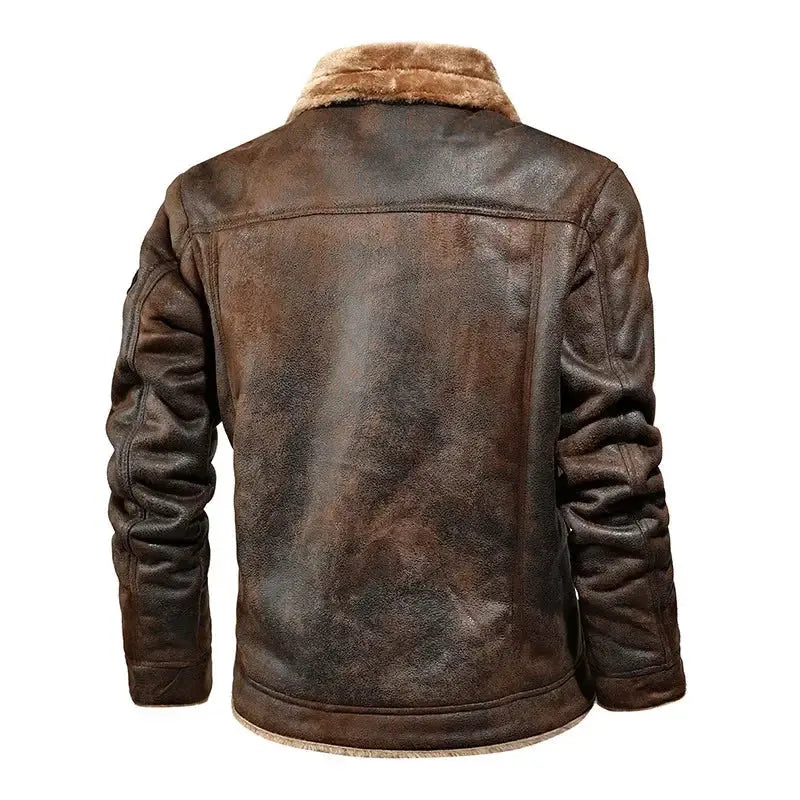Men's leather and fur jacket by Simples Market, brown distressed leather with plush fur collar.