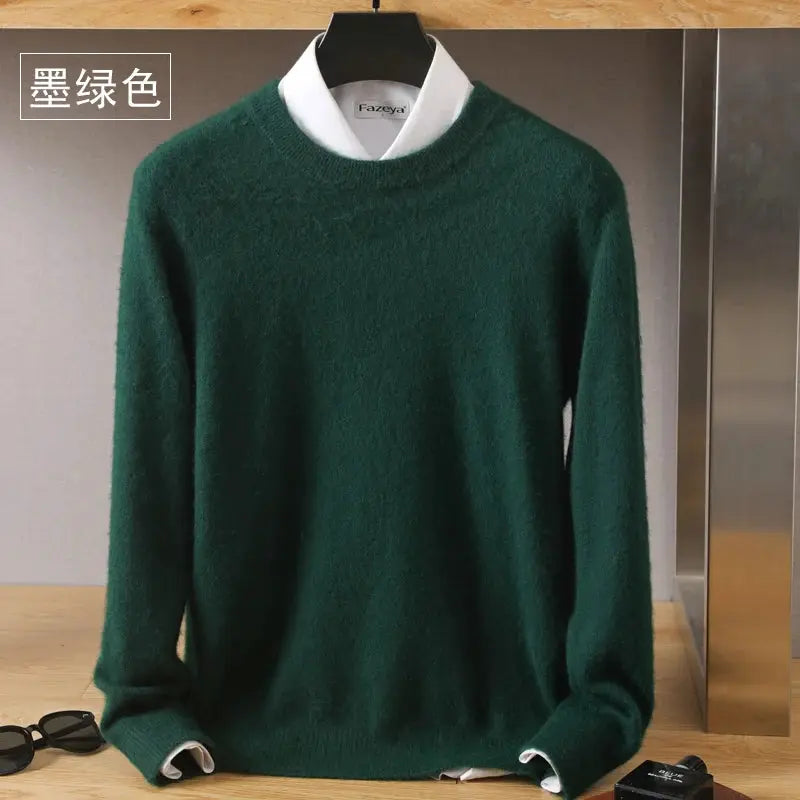 Men's dark green mink cashmere knit sweater, crew neck, Fazeya label