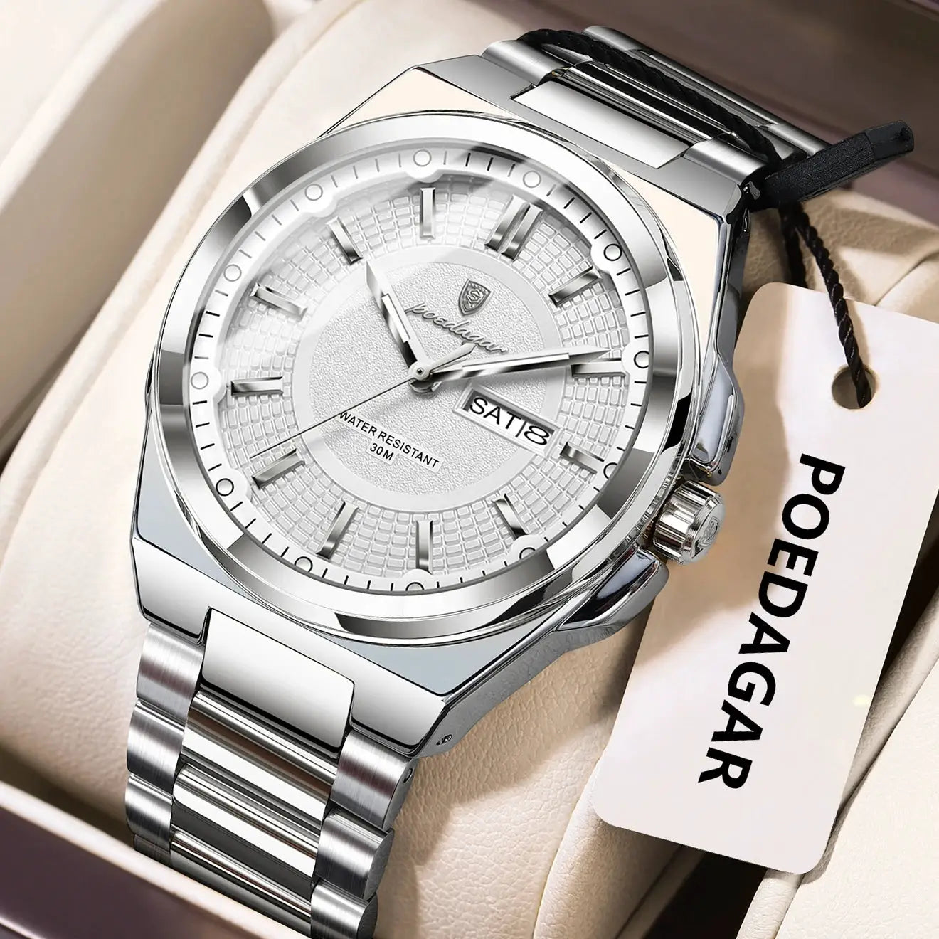 POEDAGAR men's stainless steel wristwatch with silver dial, date window, and 30m water resistance