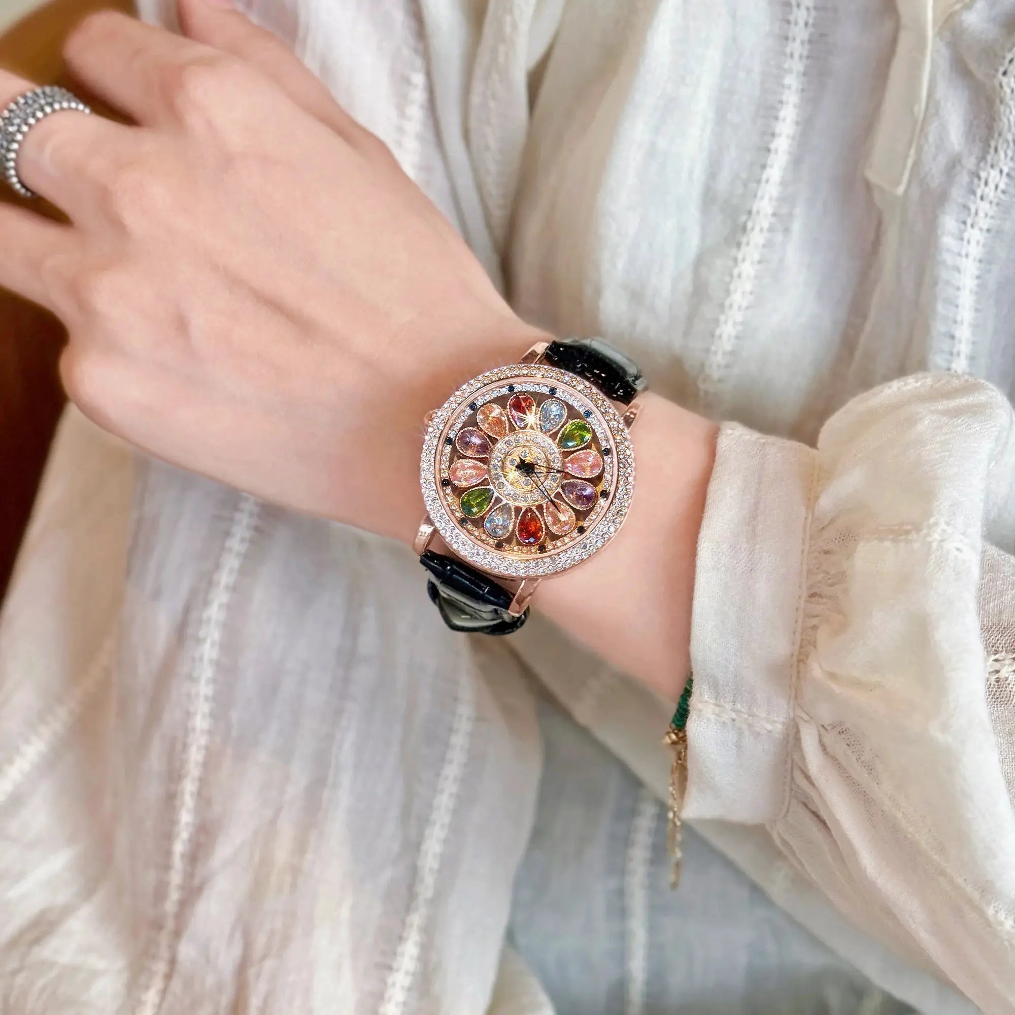 LustreTime Womens Quartz Watch With Colorful Rhinestone Inlay And Alluring Rotatable Dial Durable Construction