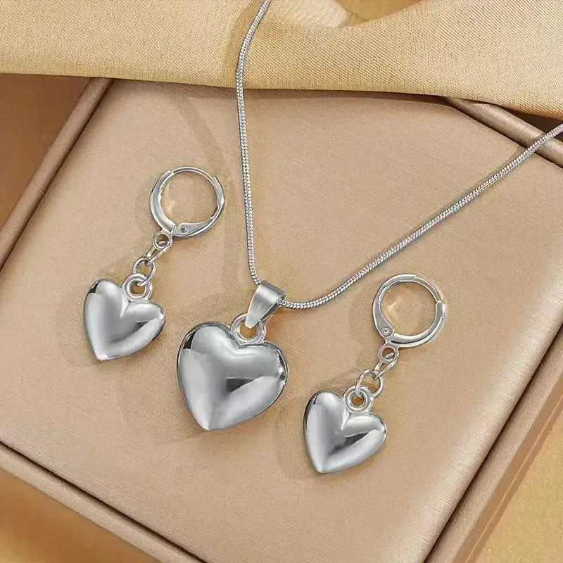 Two Piece Heart Shaped Necklace And Earrings Set For Women Zinc Alloy Fashion Jewelry Daily Wear And Party Accessory