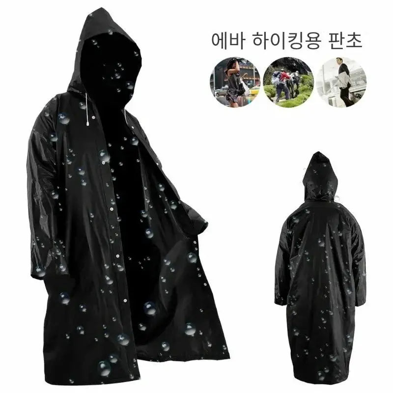 Premium EVA Unisex Raincoat 145 By 68 Cm Waterproof Thickened Rainwear For Men And Women Black Camping