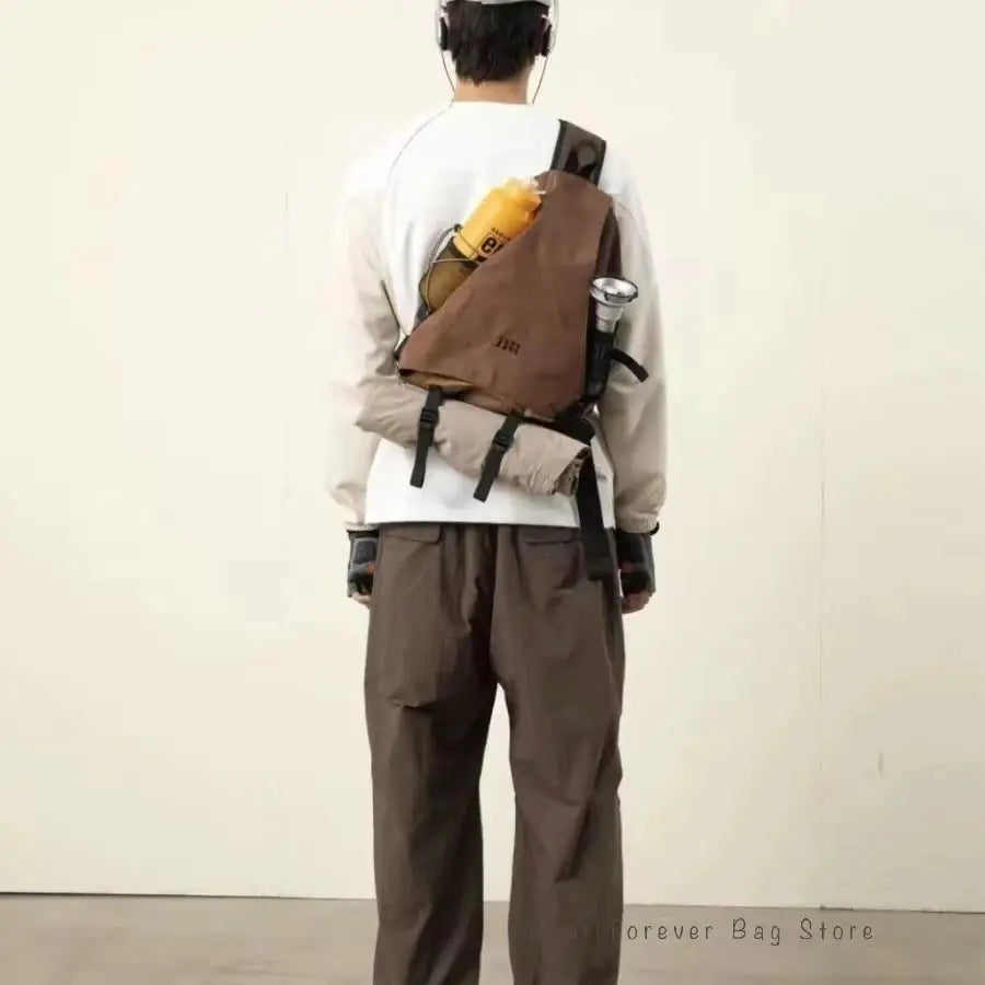 New Y2k portable light nylon crossbody bag by Simples Market; brown chest pack with water bottle holder