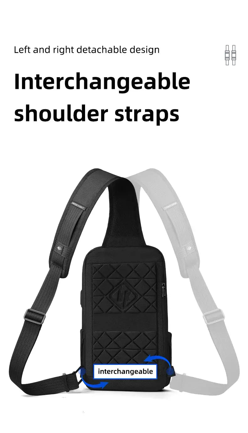Simples Market black anti-theft crossbody bag with interchangeable shoulder straps and quilted front panel