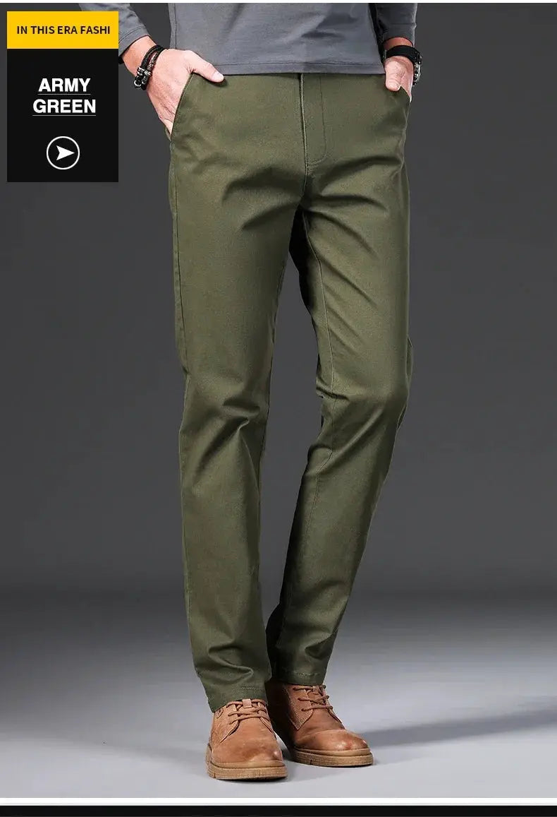Simples Market men's army green 97% cotton casual pants with elastic waist, slim-straight business trousers