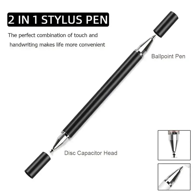 2-in-1 stylus pen, black metal body with disc capacitor head and ballpoint tip