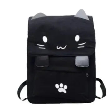 3D cat backpack with a cat-face flap, black with white paw print on front pocket