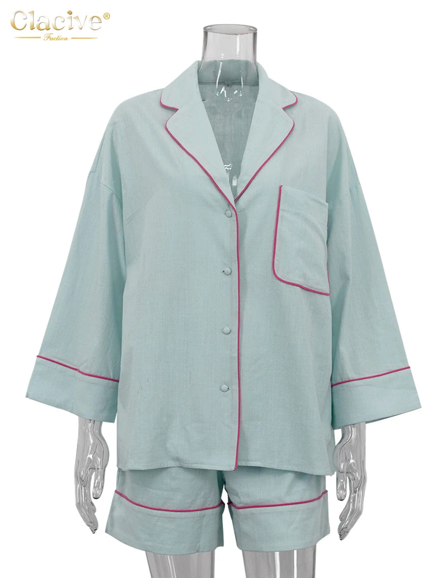 Blue Cotton Two Piece Set Women With Long Sleeve And High Waist Shorts