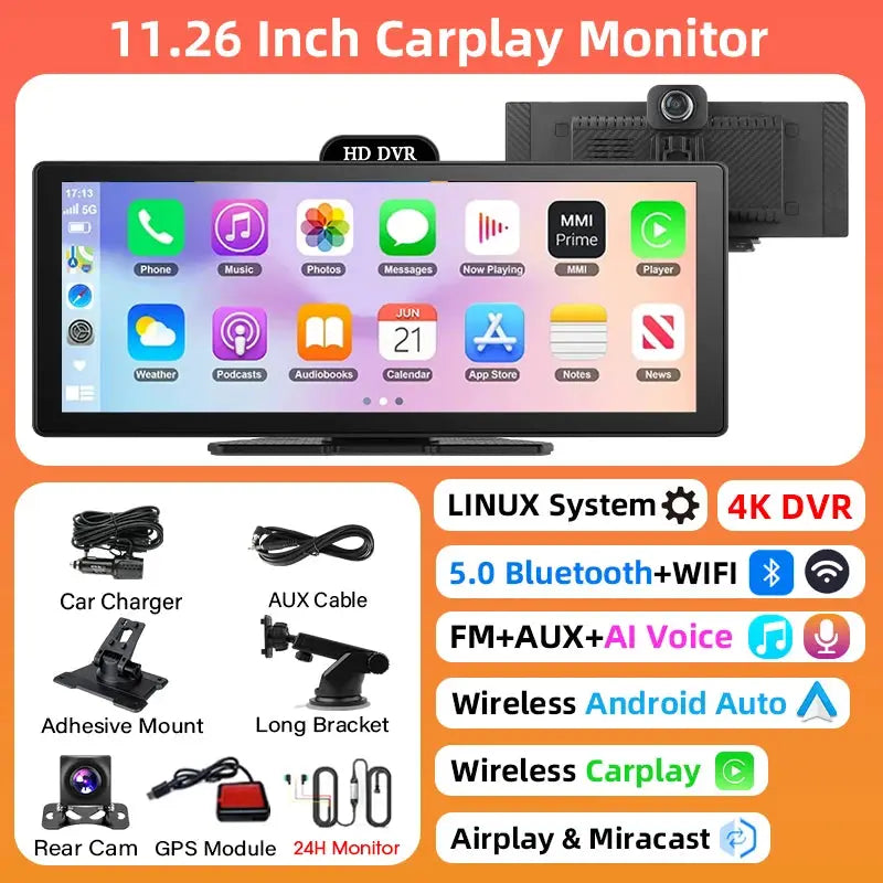 11.26 Inch 4K Dash Cam CarPlay Android Auto GPS Dual Lens Bluetooth