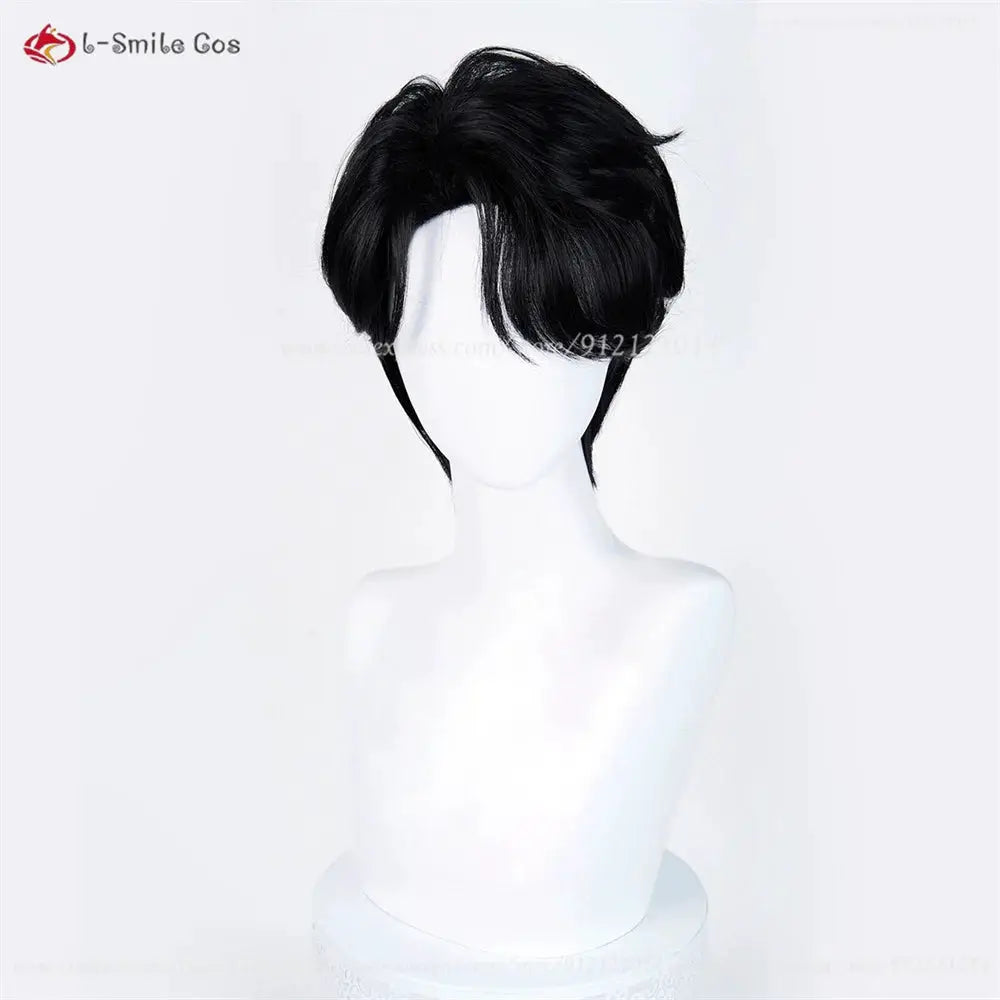 Anime cosplay wig, black heat-resistant synthetic hair, short with face-framing layers