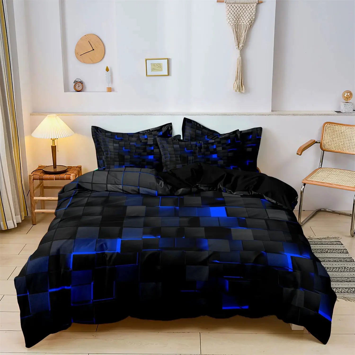 Duvet cover bedding set Simples Market 3pc black and blue geometric grid plaid includes duvet cover and 2 pillowcases