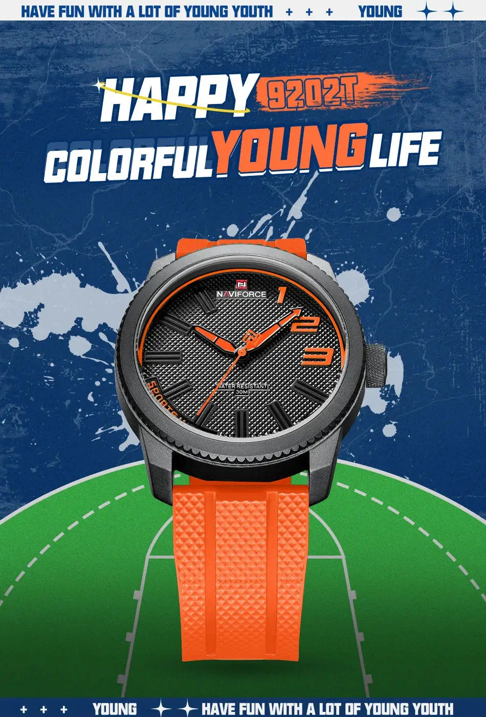 NAVIFORCE men's quartz watch with orange silicone strap and black textured dial