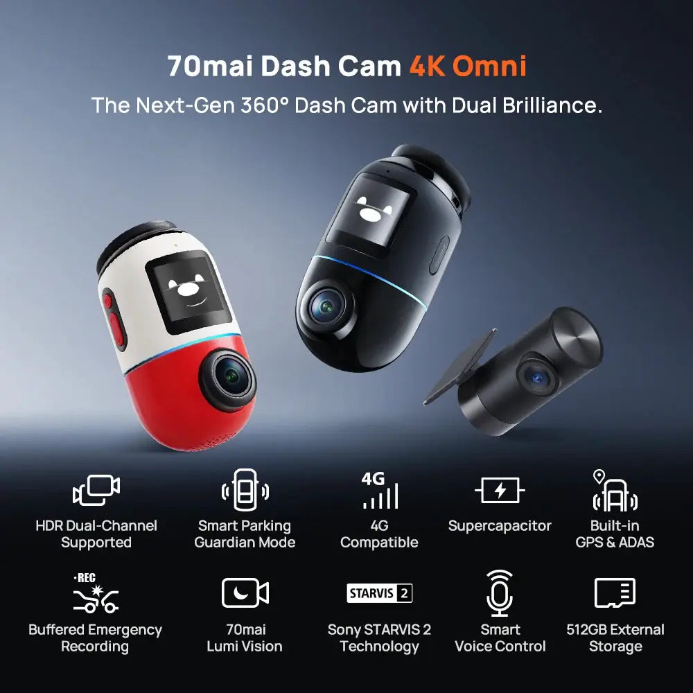 70mai Dash Cam 4K Omni X800 3x units, 360° rotating dual‑channel HDR, 4G compatible — Simples Market