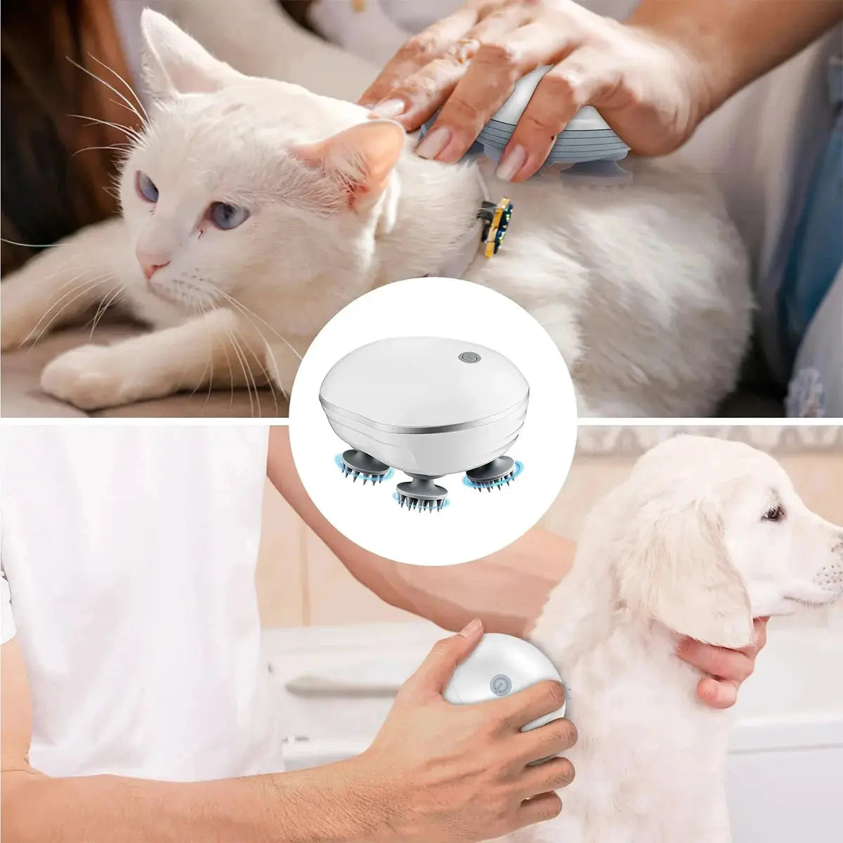 2-in-1 scalp cleaner and pet massager by Simples Market; white rechargeable brush with rotating heads for cats and dogs.