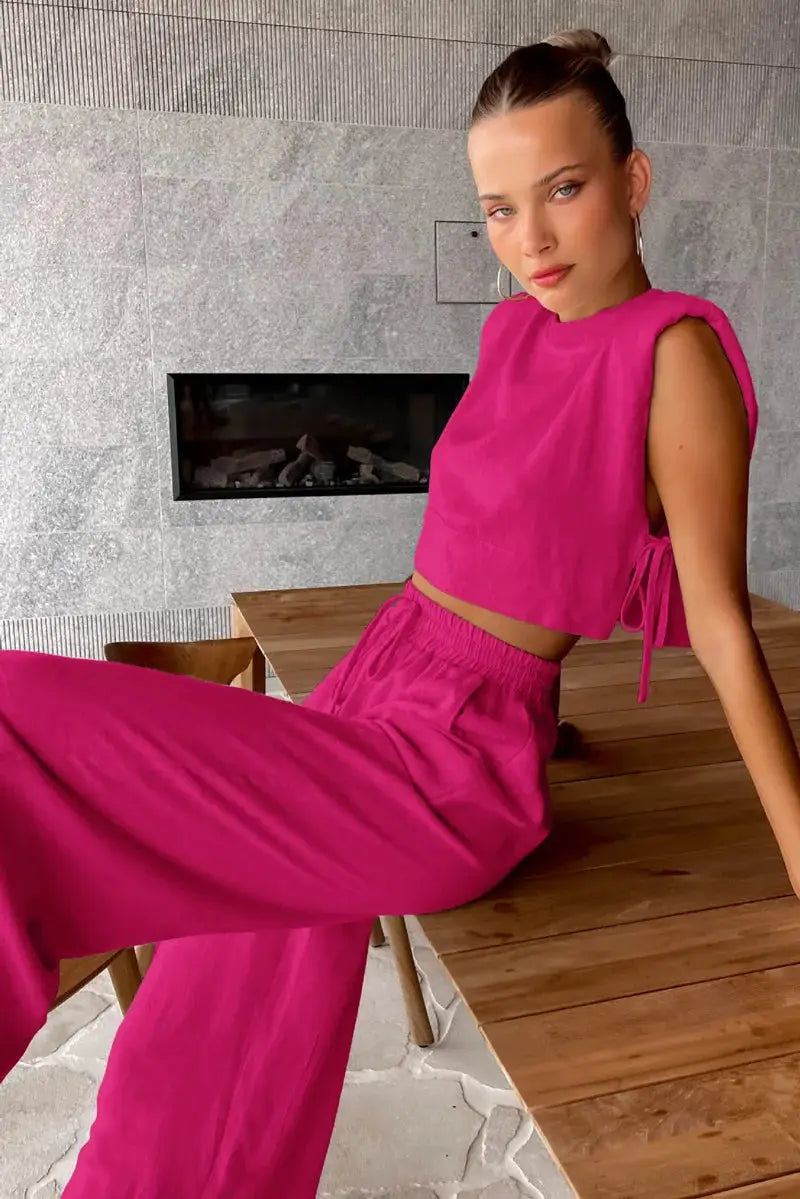 Linen Two Piece Pant Set With Crop Top For Women Spring Summer 2025