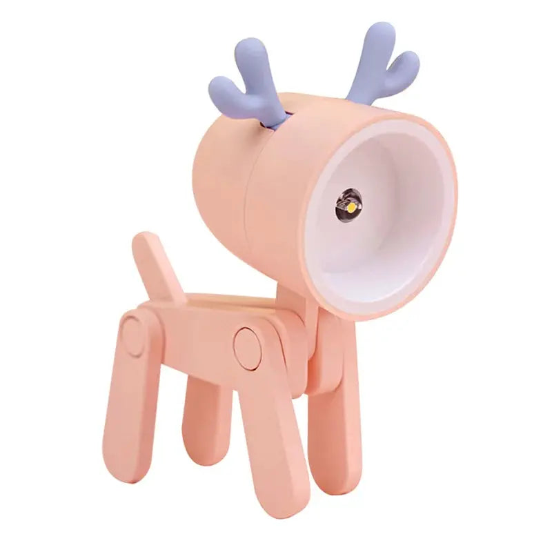 Mini LED night light with peach body and blue antlers, folding deer-shaped desk lamp for kids