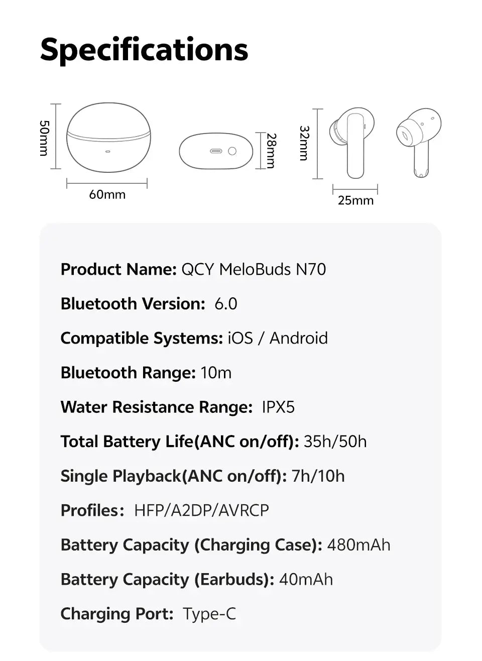 QCY MeloBuds N70 wireless earbuds with charging case, IPX5 rating, Bluetooth 6.0