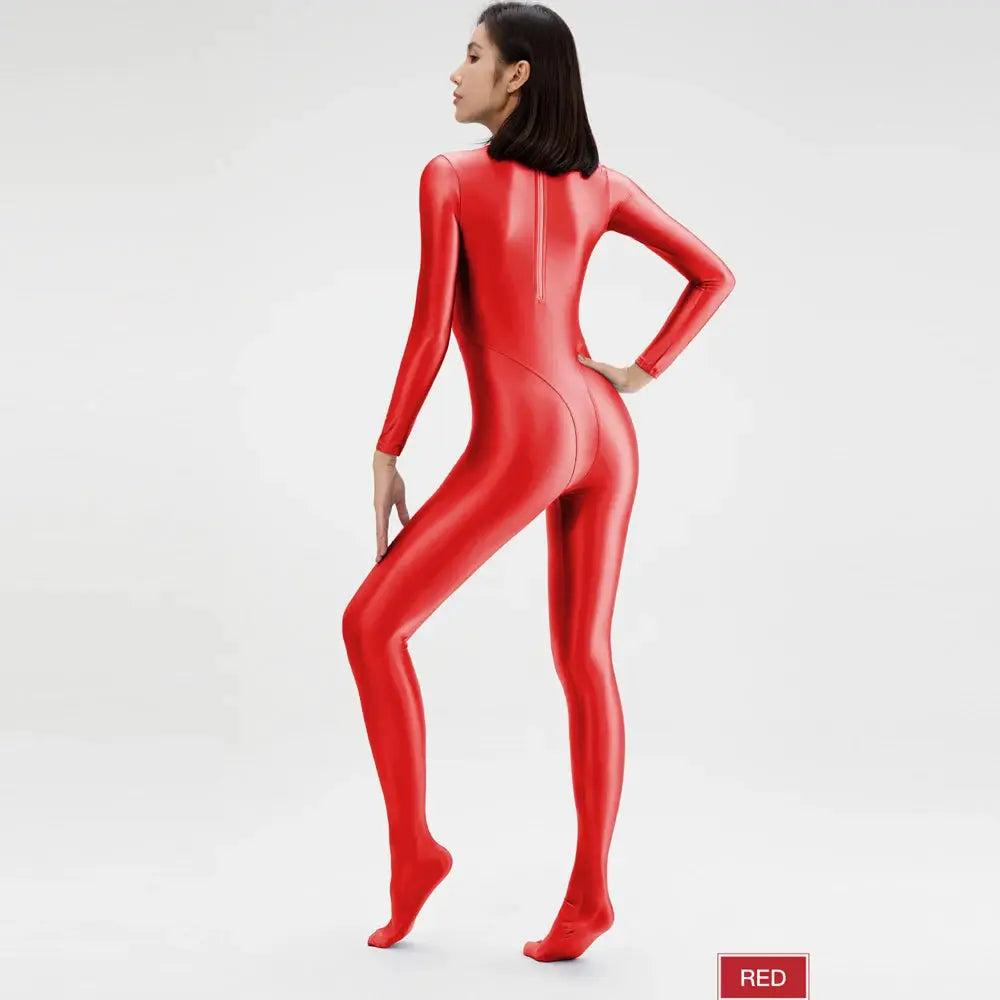 Red wet-look long-sleeve full-body catsuit with back zipper, glossy Zentai jumpsuit.