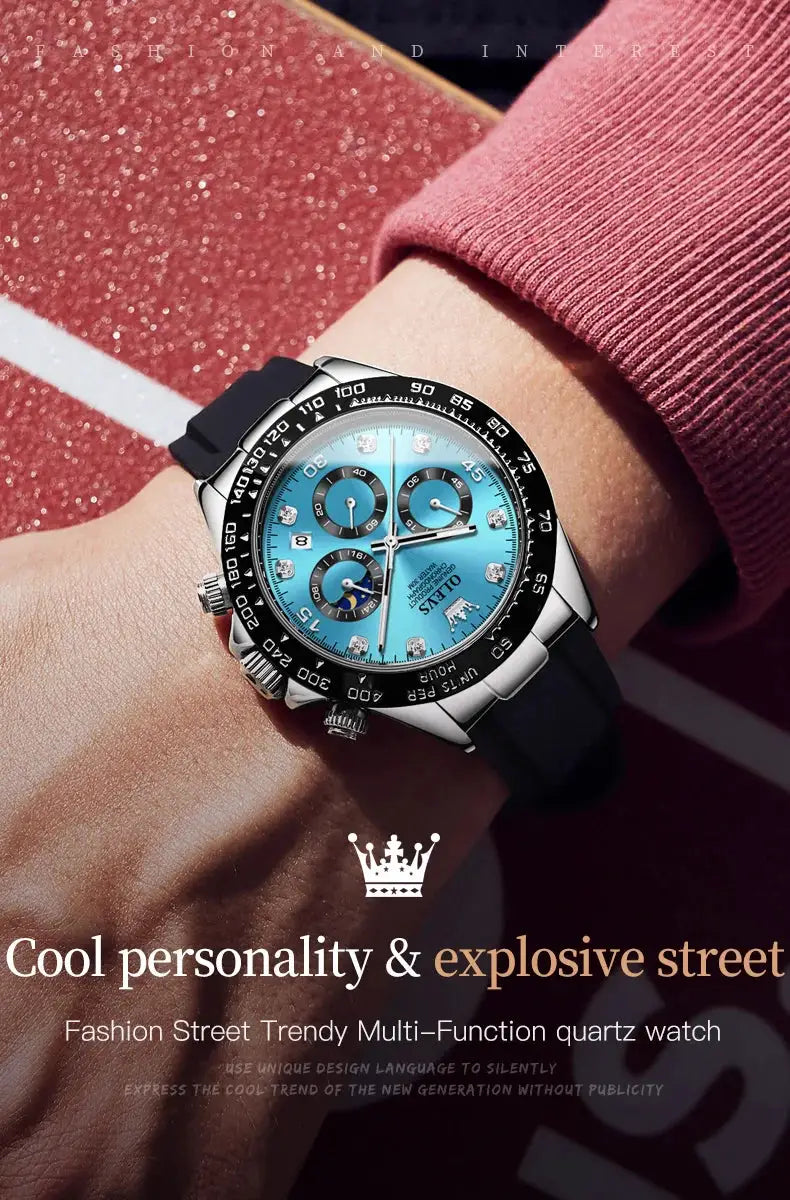 OLEVS 2875 men's watch with blue chronograph dial, tachymeter bezel, silicone strap, stainless steel case