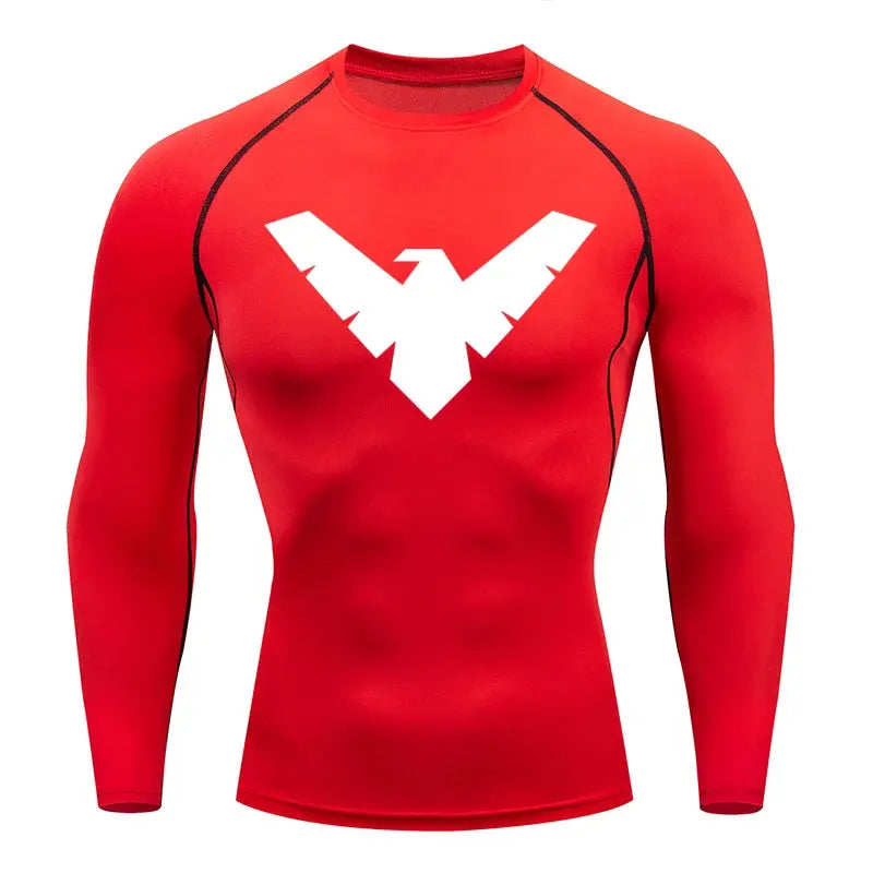 Men's red long-sleeve compression athletic shirt with white chest logo and black piping