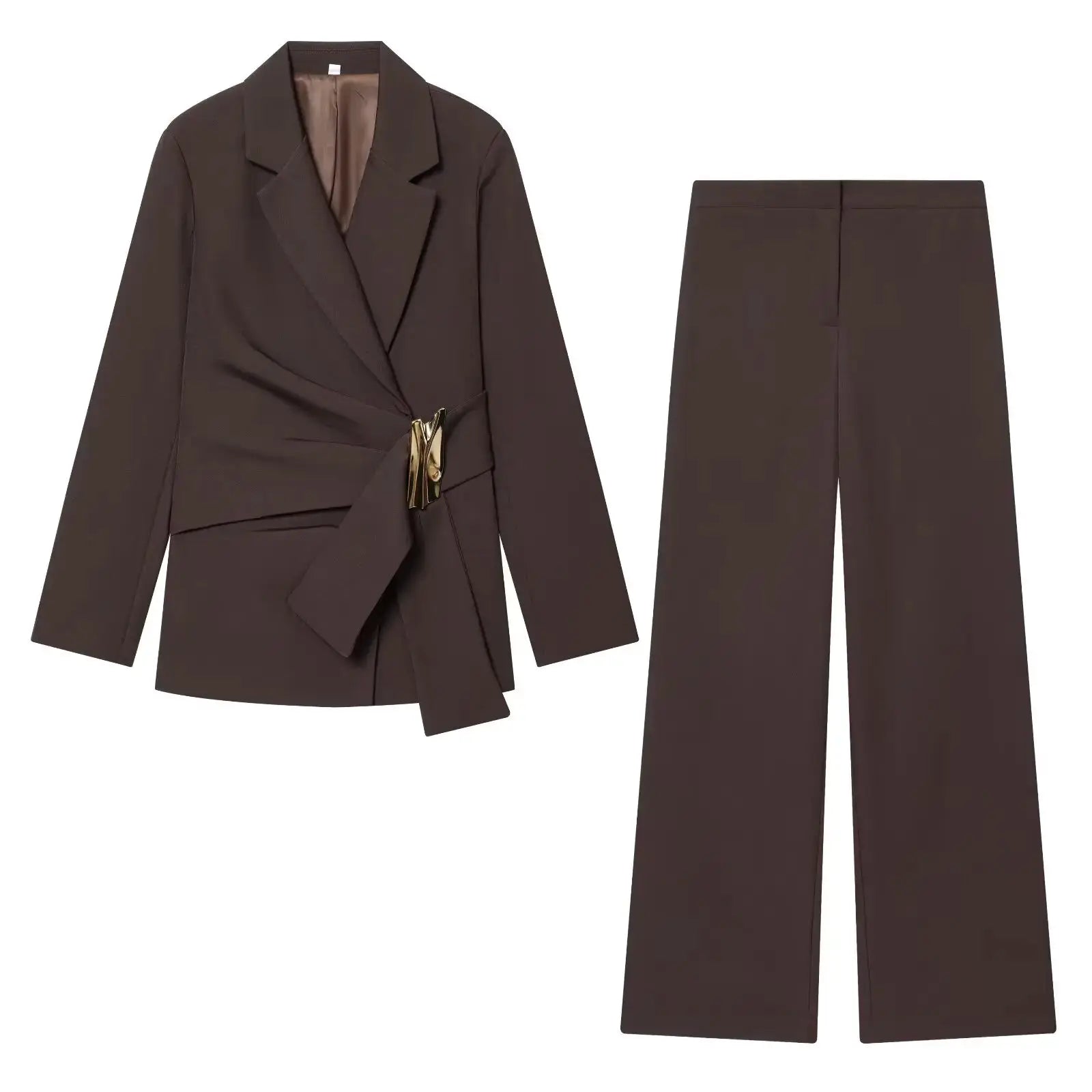 Simples Market KONDALA brown blazer suit for office with wrap-front blazer and gold buckle belt, matching wide-leg pants
