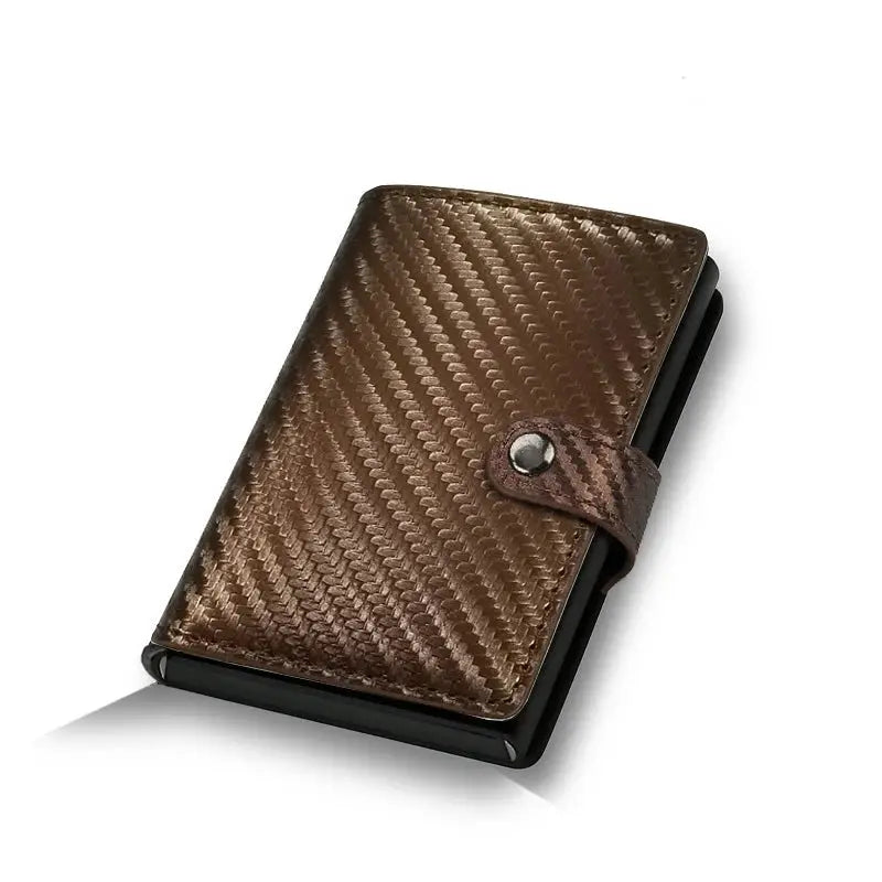 Carbon fiber RFID card holder wallet, brown, slim minimalist metal design with snap strap