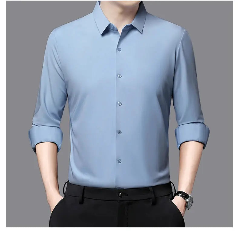 Premium Men's Ultra-Stretch Shirt in light blue, long-sleeve dress shirt with rolled cuffs