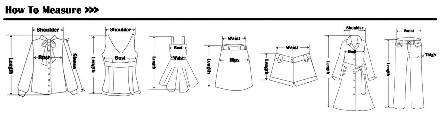 Sizing guide for womens garments with seven measurement diagrams shirts, tops, dresses, skirts, shorts, coats and pants