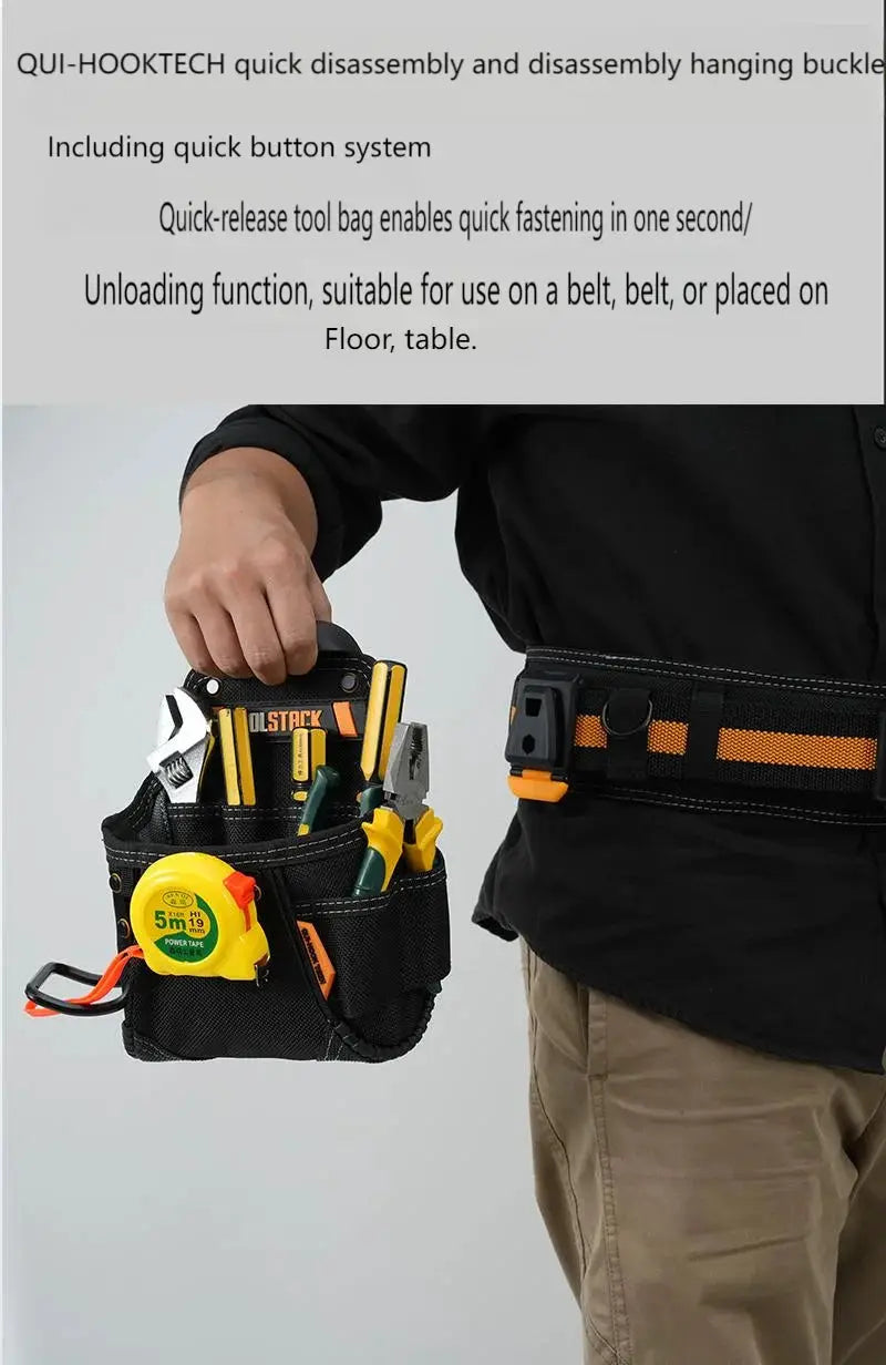 ToolStack mini utility toolkit pouch on black/orange waist belt with hammer and tape measure