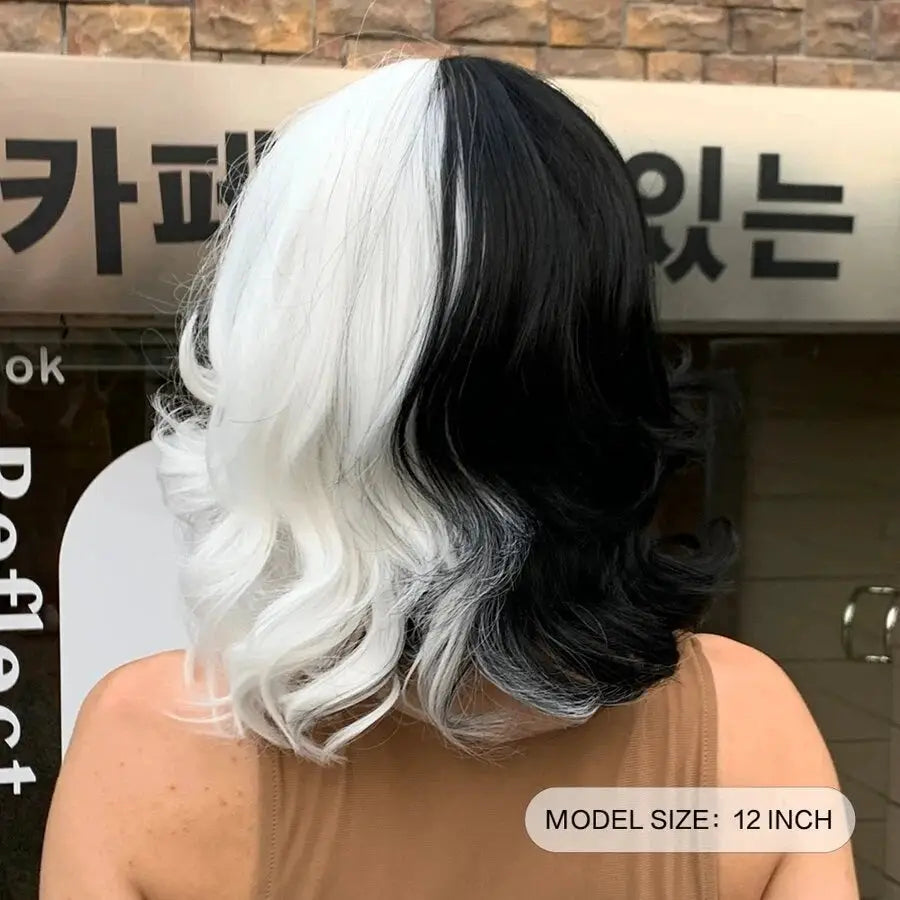 Simples Market Cruella black and white mid-length wig, 12 inches, wavy with bangs for cosplay